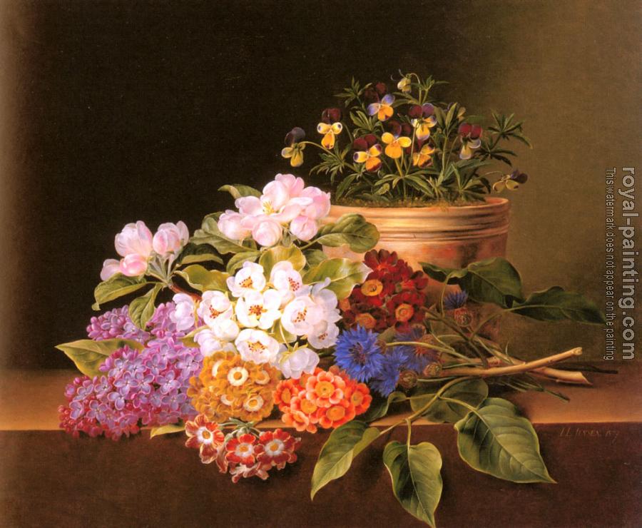 Johan Laurentz Jensen : Apple Blossoms, Lilac, Violas, Cornflowers and Primroses on